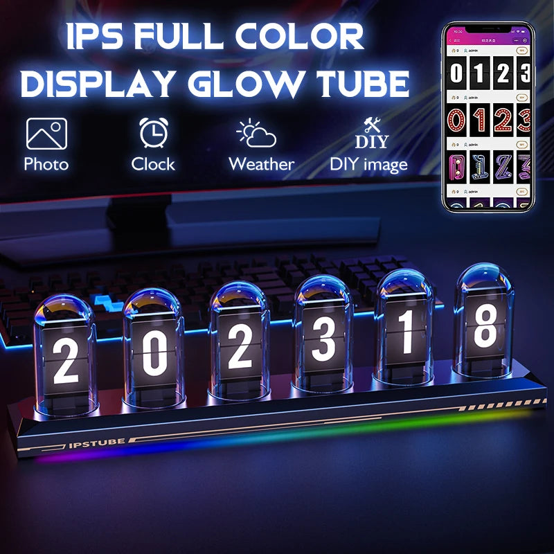 Nixie Tube Clock,IPS Color Screen Digital Clock,RGB DIY Glow Tube Clock,Analog Electronic Nightlights,Gaming Desktop Decoration