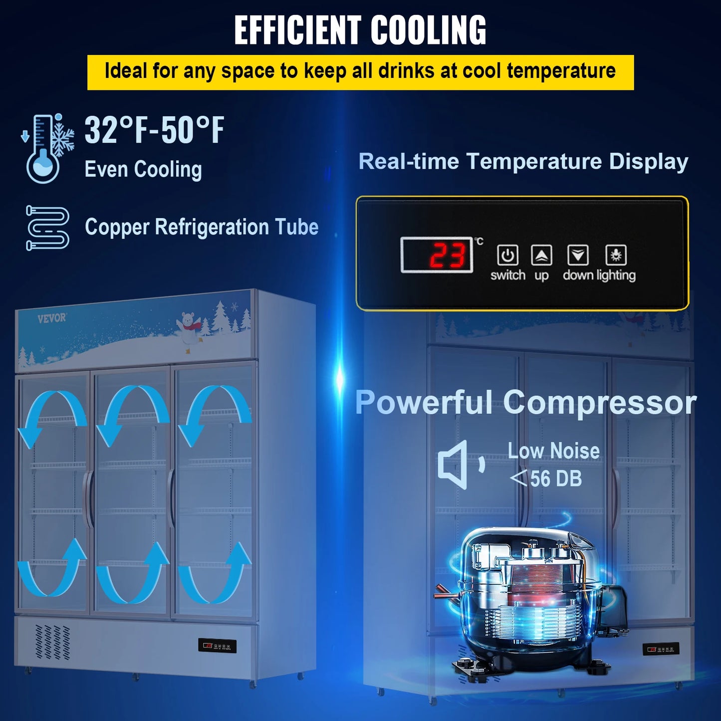 VEVOR-refrigerador comercial con Triple puerta abatible, refrigerador vertical para bebidas, puerta de vidrio con luz LED para tienda en casa