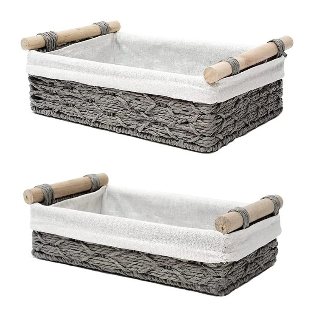 Cesta de almacenamiento de macramé, bandeja organizadora de decoración bohemia para el hogar con asa para cocina, baño, encimera, cesta de papel higiénico, 2 piezas