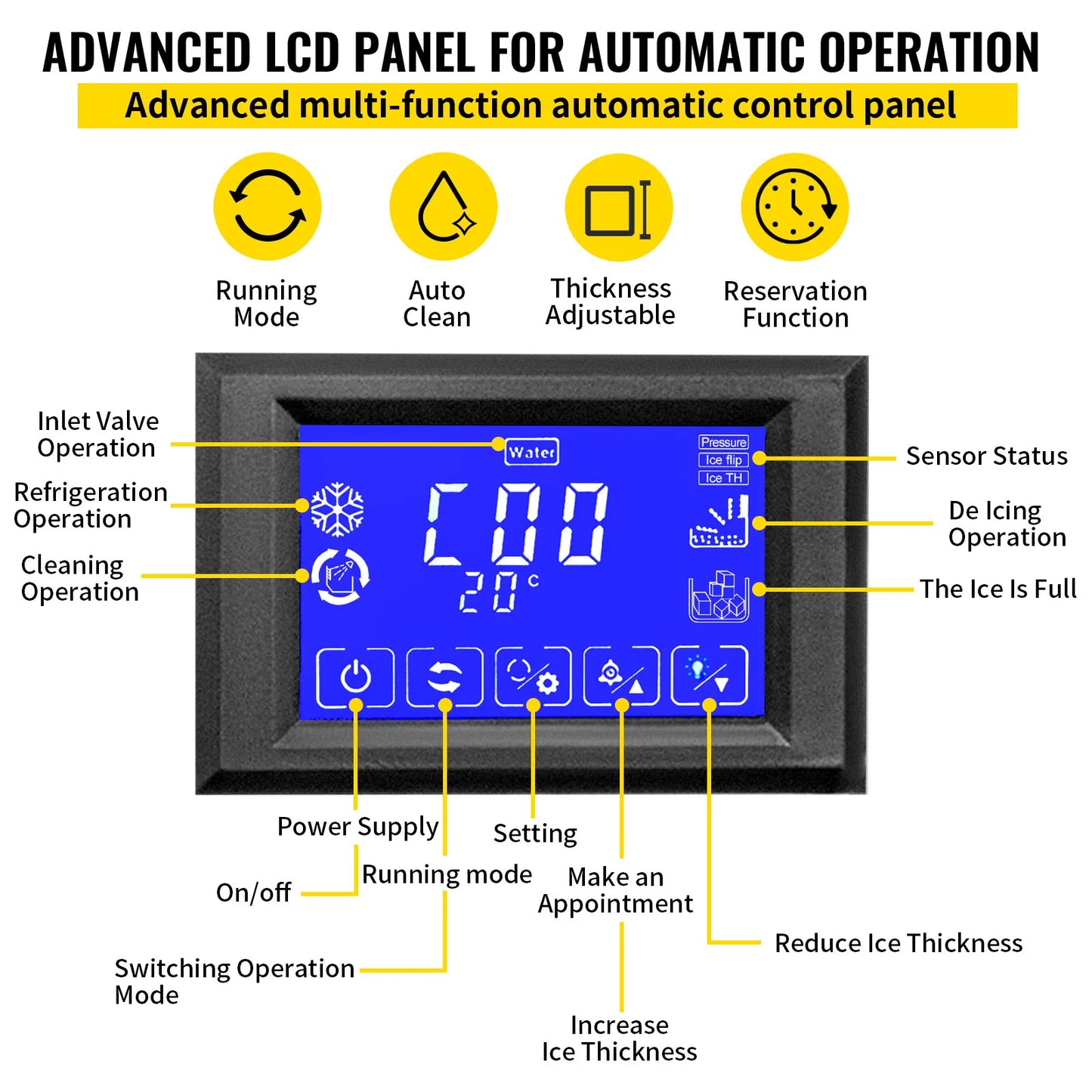 VEVOR Commercial Cube Ice Maker with Water Drain Pump 50/60/70 KG/24H Freestanding LCD Touch Screen Liquid Freezer Ice Machine