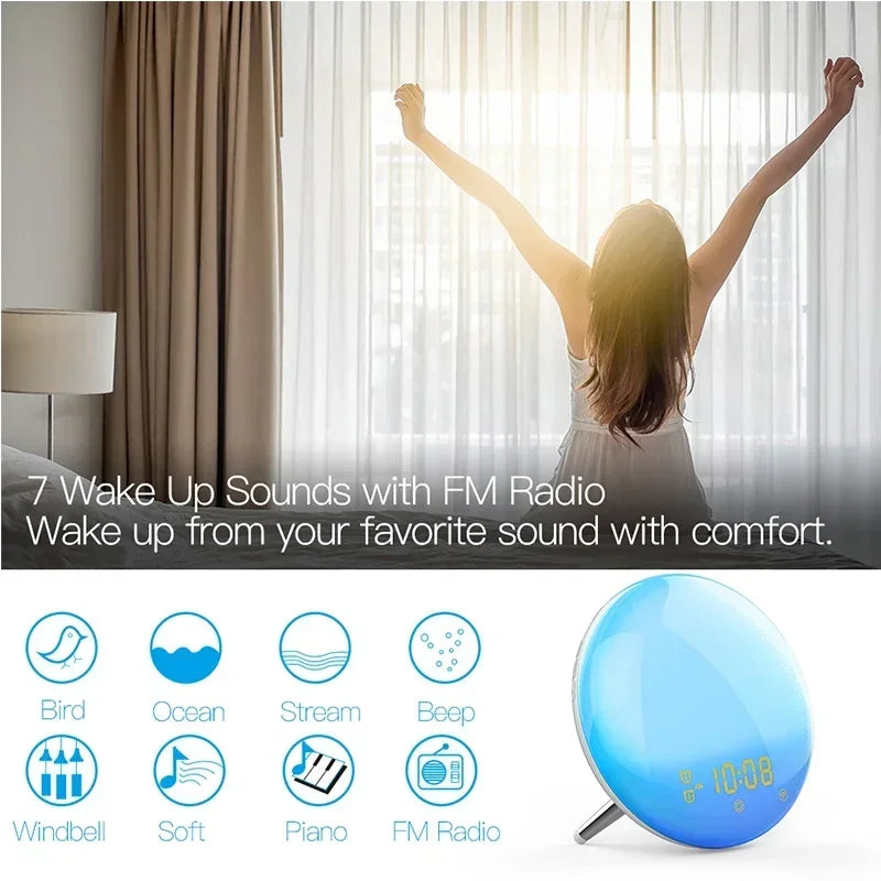 Lumière de réveil intelligente WiFi, horloge de travail, simulation du lever du soleil et du coucher du soleil, 4 alarmes, fonctionne avec Alexa Google Home, application Tuya, télécommande