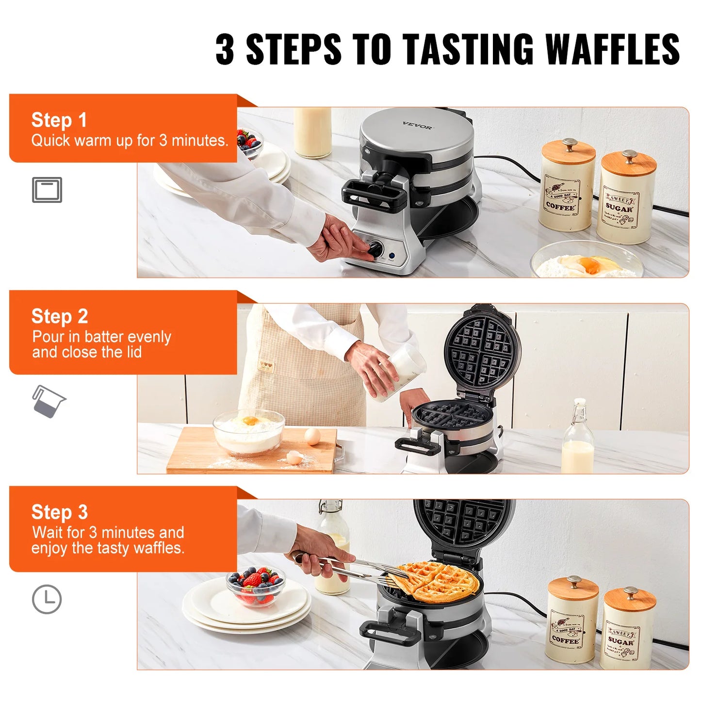 VEVOR 2-Layer Waffle Maker 1400W Round Waffle Iron Non-Stick Waffle Baker MachineTeflon-Coated Baking Pans Stainless Steel Body