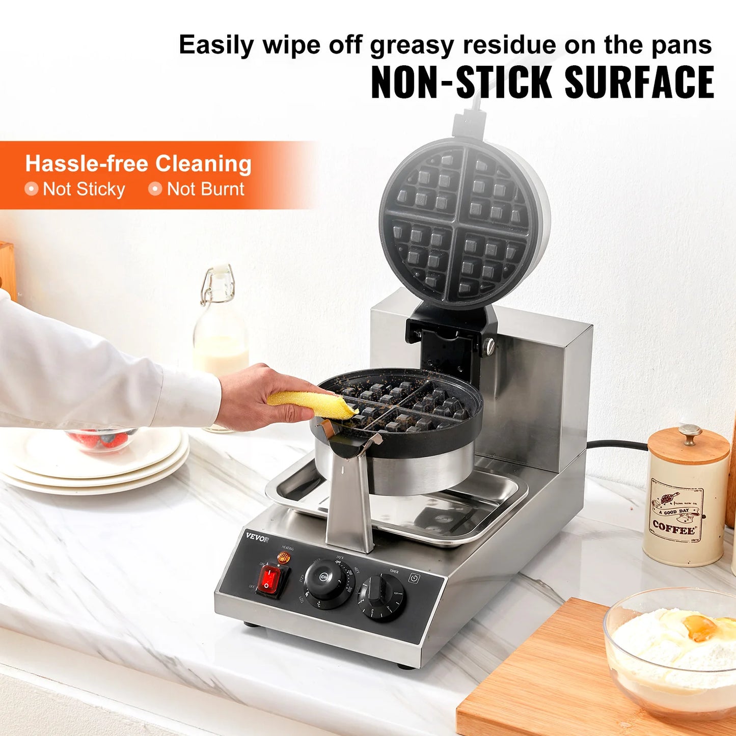 VEVOR Electric Waffle Maker Round Waffle Iron Non-Stick Waffle Baker Machine Teflon-Coated Baking Pans Stainless Steel Gaufriers