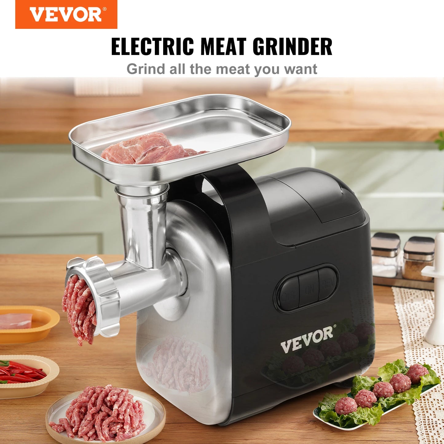 VEVOR 550W (2200W MAX) hachoir à viande électrique avec 2 lames, 3 plaques de broyage, machine à saucisses et Kit Kubbe ABS + acier inoxydable