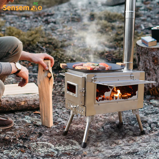 Large Portable Fire Wood Stove, 304 Stainless Steel, Window Pipe for Tent Heater, Cot Camping, Ice-fishing Cooking, Outdoor BBQ