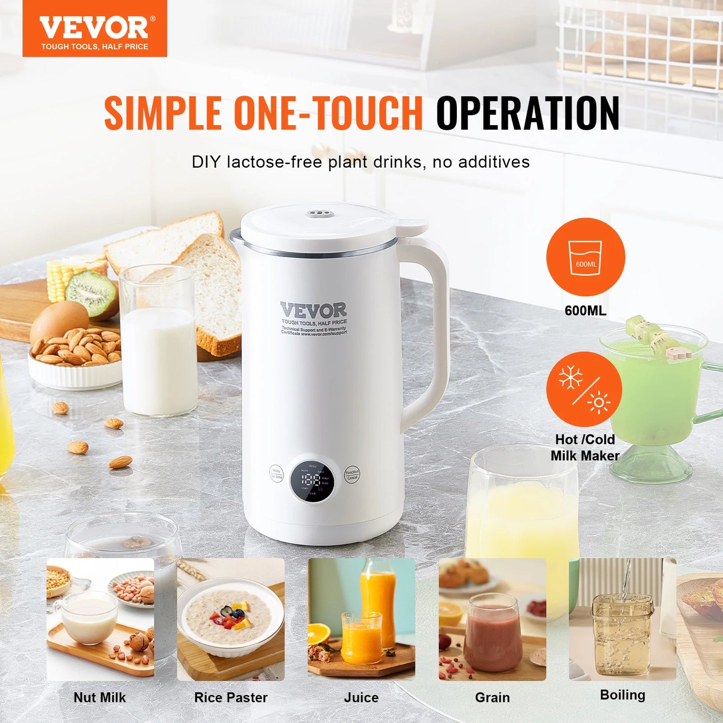 VEVOR Nut Milk Maker 8-in-1 Soy Milk Maker with 8-Leaf Blades 600ML Automatic Pant Based Soy/Oat Milk Maker