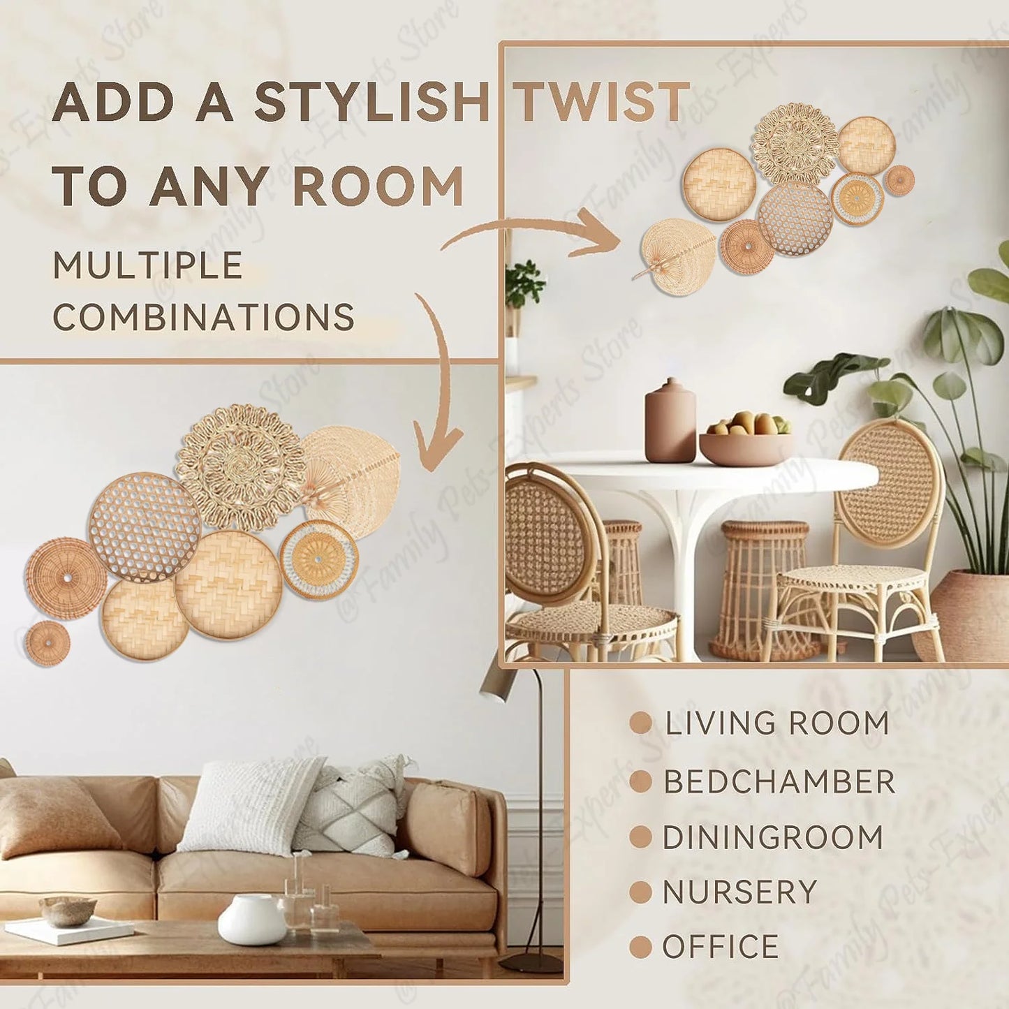 8 pièces décor de panier mural naturel Boho rotin rond décor mural fait à la main ferme tenture murale décor pour chambre salon chambre de bébé