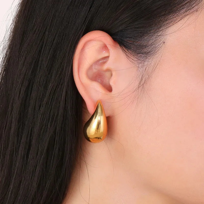 Pendientes colgantes de cúpula gruesa chapados en oro vintage para mujer, pendientes de lágrima gruesos de acero inoxidable brillante, aros ligeros