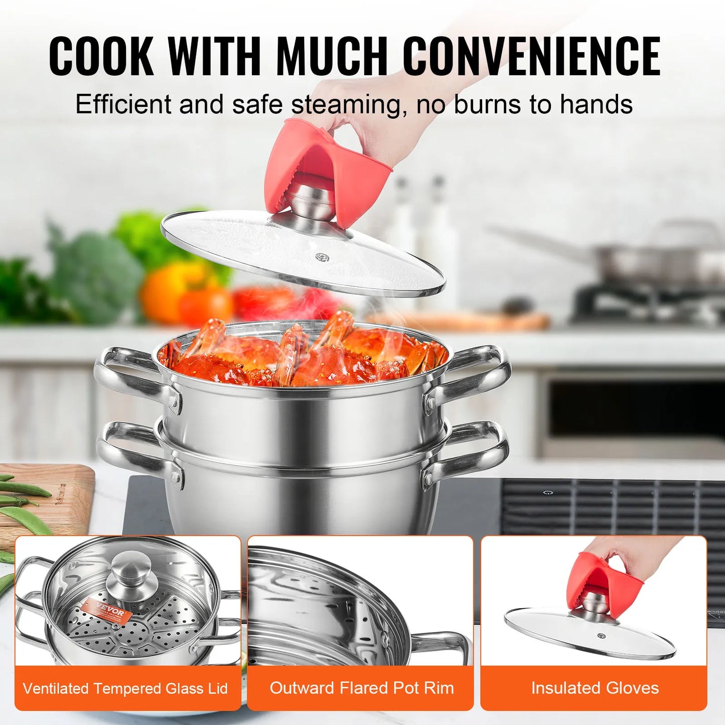 VEVOR Steamer Pot 9.5in/24cm Steamer Pot for Cooking with 5QT Stock Pot and Food-Grade 304 Stainless Steel Food Steamer