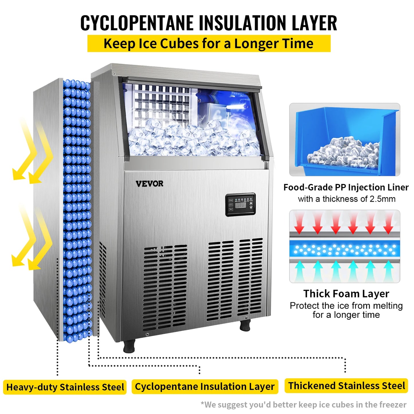 VEVOR-máquina para hacer hielo en cubos comercial, 40-70 KG/24H, independiente, congelador líquido transparente, máquina generadora de hielo, electrodoméstico de 110V