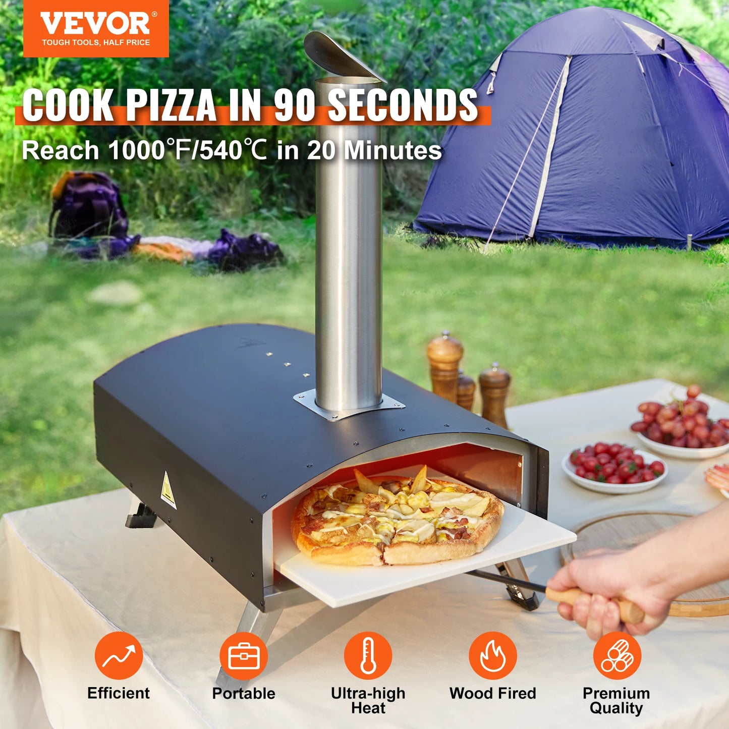 VEVOR Four à pizza portable 30,5 cm au feu de bois en acier inoxydable de qualité alimentaire pour barbecue, pique-nique, cuisson, brûleur à pizza pour jardin, camping en plein air