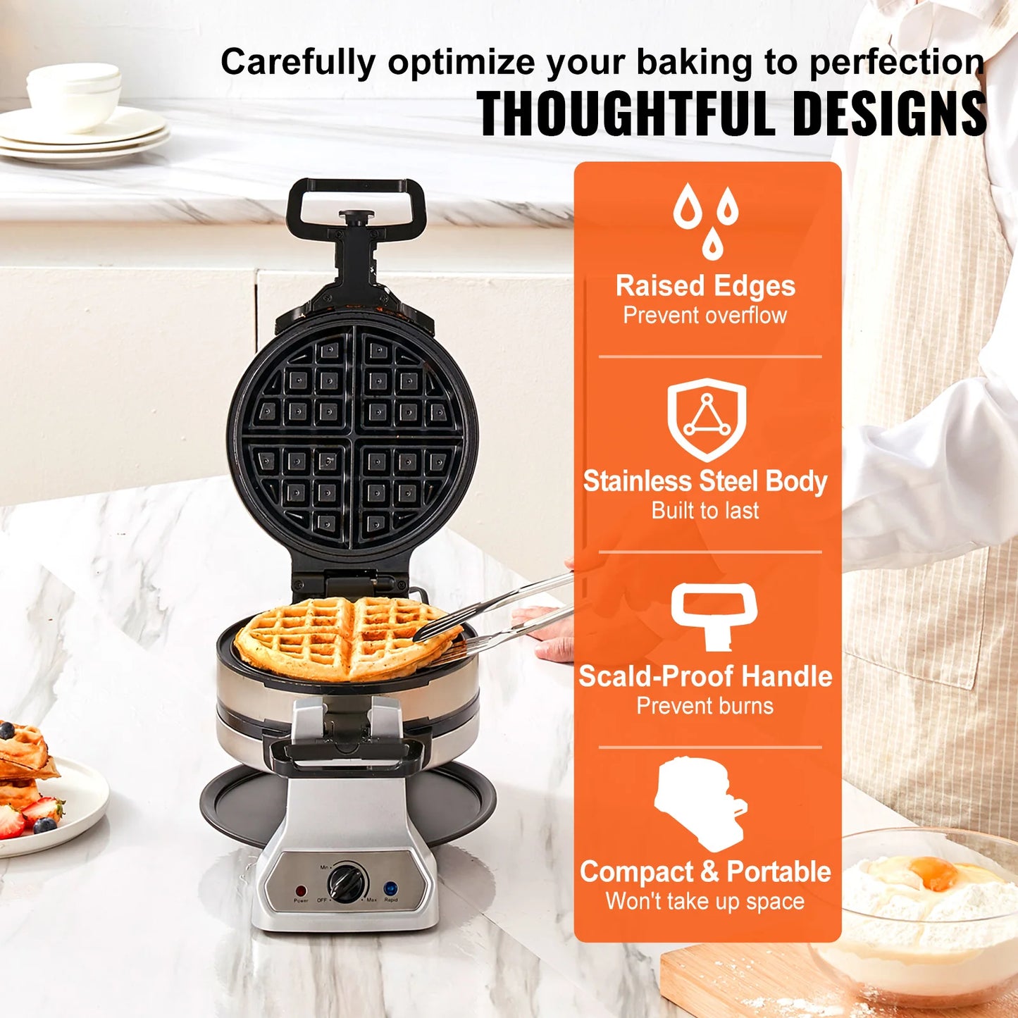 VEVOR 2-Layer Waffle Maker 1400W Round Waffle Iron Non-Stick Waffle Baker MachineTeflon-Coated Baking Pans Stainless Steel Body