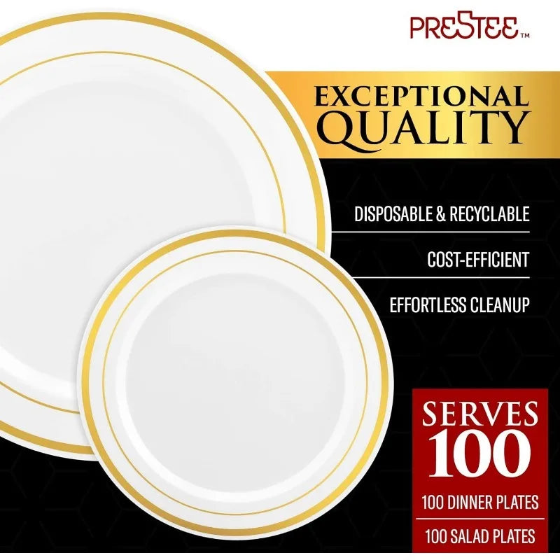 Prestee – assiettes en plastique doré, 200 pièces, 100 assiettes à dîner et 100 assiettes à salade, assiettes de fête blanches + à bords dorés, jetables et robustes