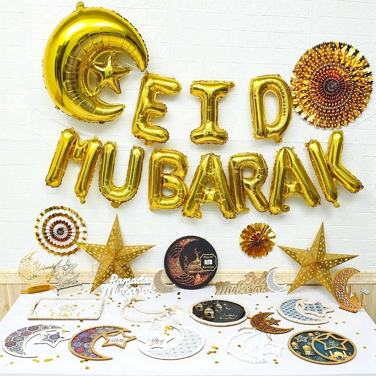 Platos de Eid Mubarak, pancarta con globos, vajilla, decoración de Ramadán, decoración de fiesta musulmana islámica de Ramadán Kareem, regalos de Eid Al Adha 2024