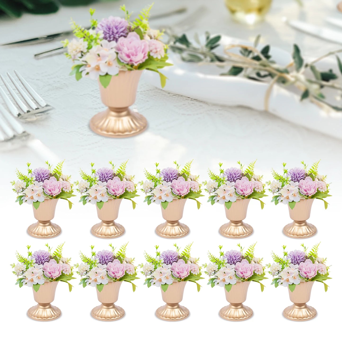 10 Uds. Jarrones creativos de trompeta con flores doradas, soporte para centros de mesa de fiesta de boda de escritorio