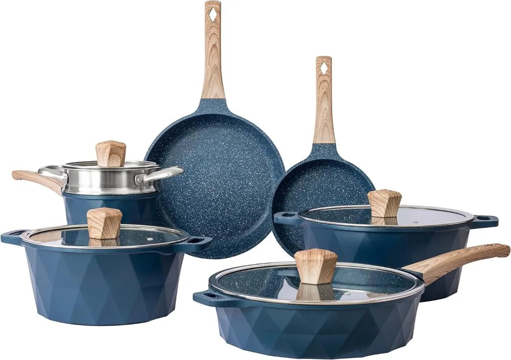 Country Kitchen Juegos de utensilios de cocina de inducción - 13 piezas de ollas y sartenes antiadherentes de aluminio fundido con asas de baquelita y tapas de vidrio (azul marino)