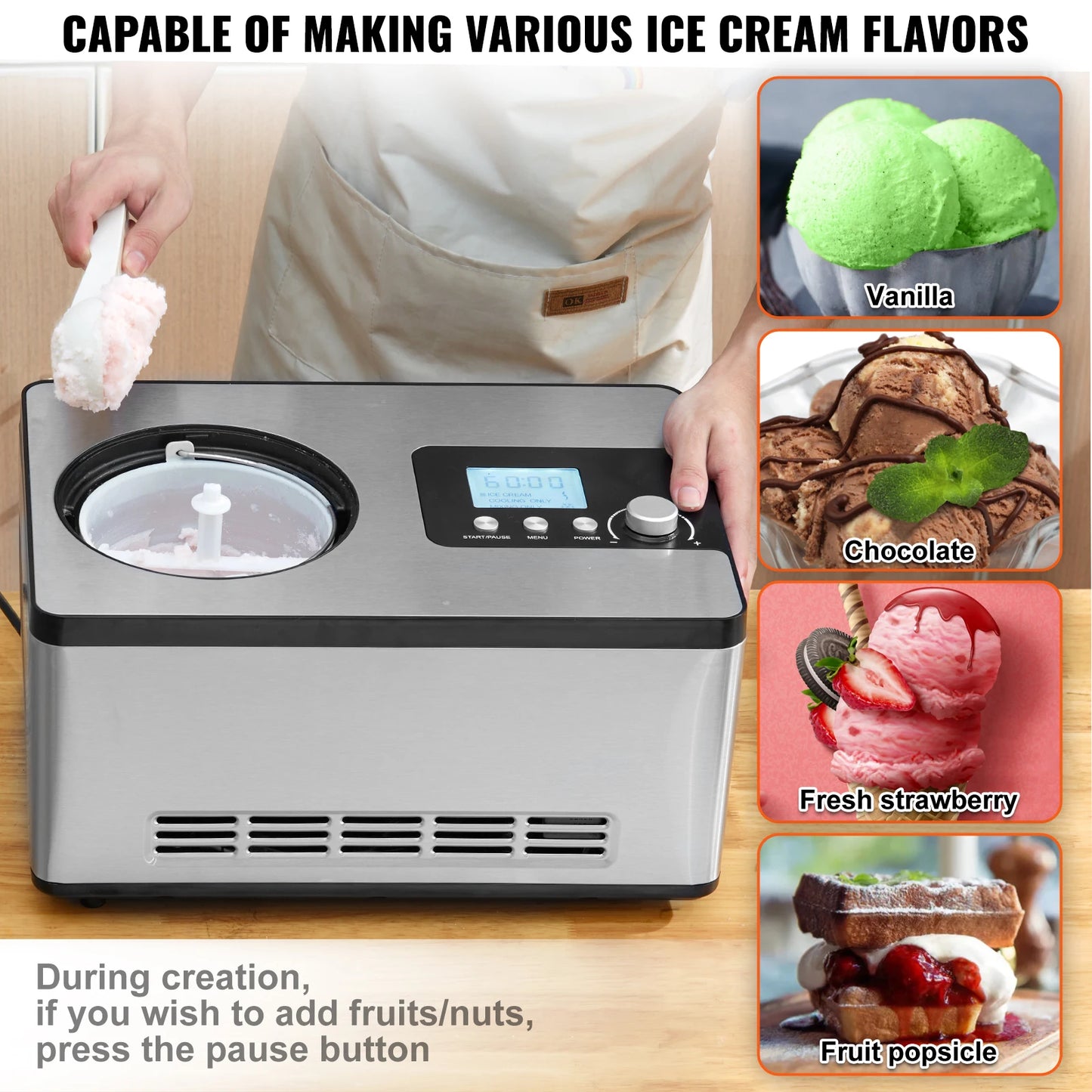 VEVOR-máquina automática para hacer helados con compresor incorporado, máquina eléctrica para hacer sorbetes, 2 cuartos, sin precongelación, para yogur de frutas