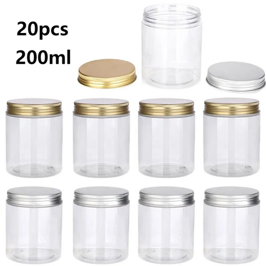 Bocaux vides en plastique de 200ml, 20 pièces, pot transparent pour animaux de compagnie, récipient pour cosmétiques, crème pour le visage, noix, bonbons, grains, pot de stockage, fournitures de cuisine à domicile