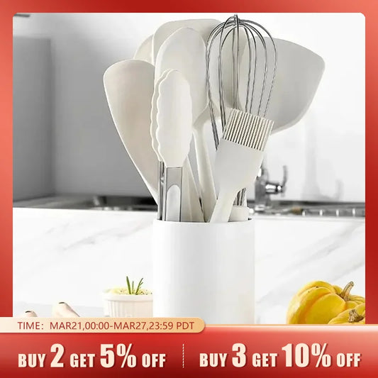 11PCS High Quality Wooden Handle Home Kitchen Appliances Silicone Kitchen Utensils Set With with Holder for Storage