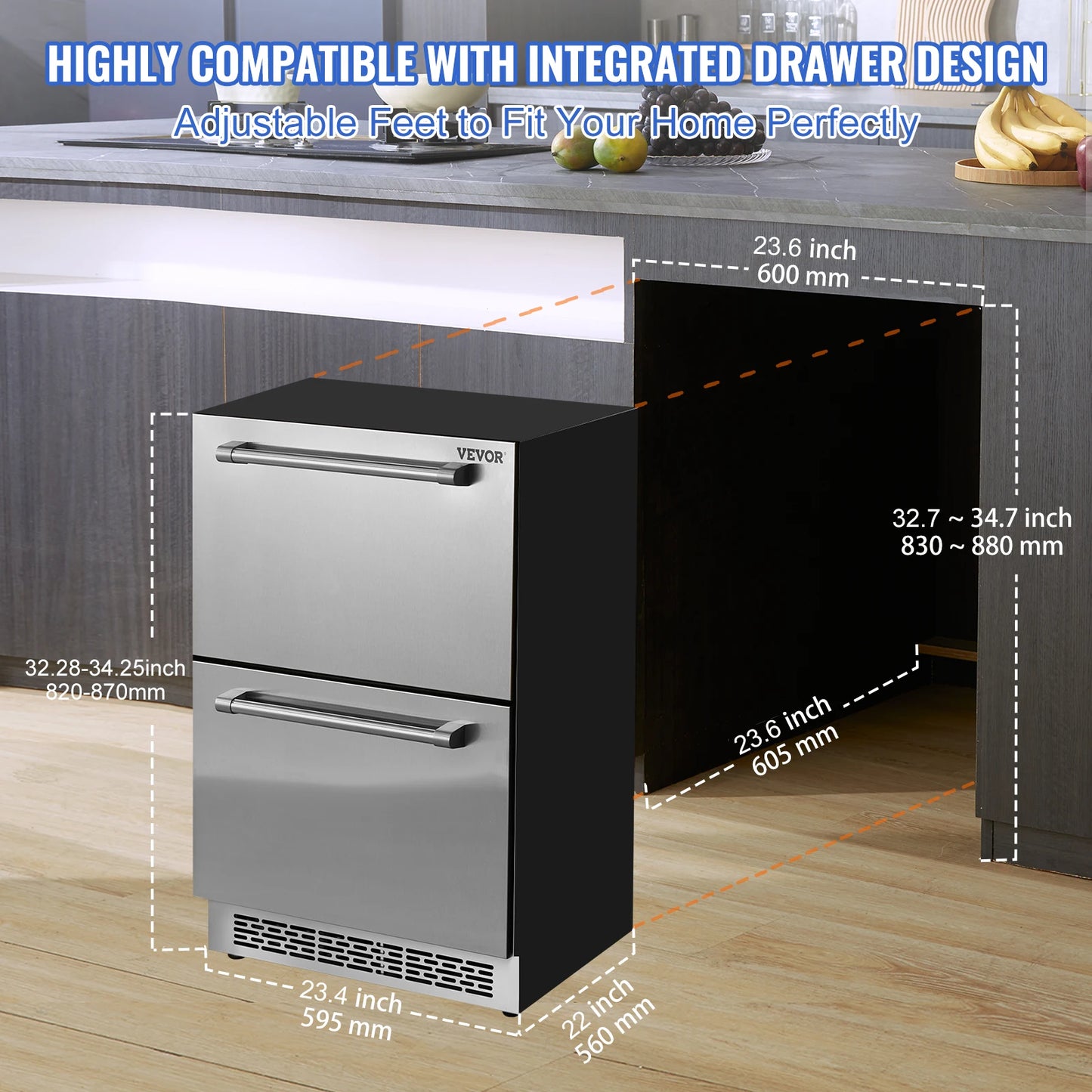 VEVOR 24 inch Undercounter Refrigerator 2 Drawer Refrigerator with Different Temperature 4.87 Cu.ft. Capacity Waterproof Indoor