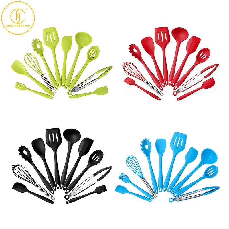 Ensemble d'ustensiles antiadhésifs en Silicone, pinces à tourner, spatule cuillère à soupe, pelle brosse à huile, ensemble d'outils de cuisine, gadgets de cuisine 10 pièces