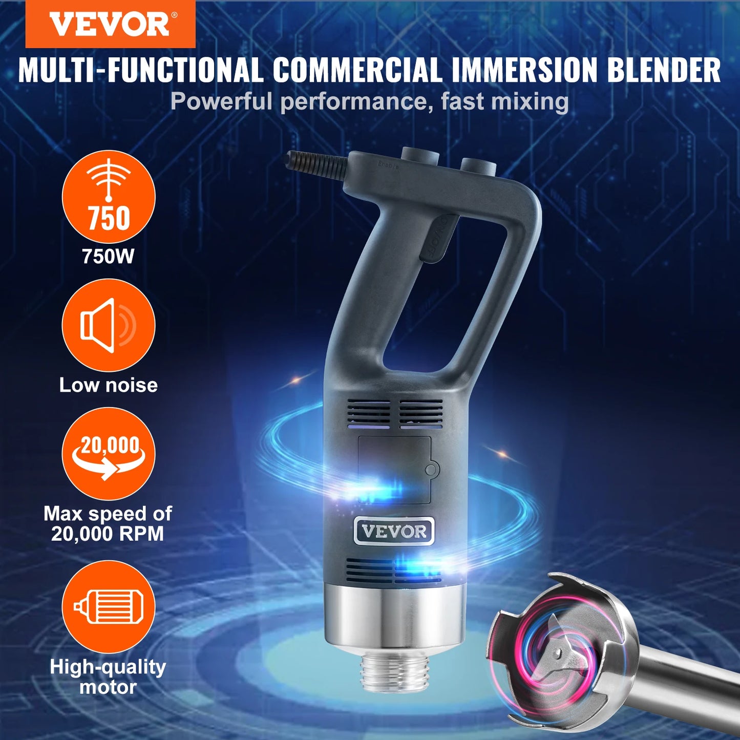 VEVOR Commercial Immersion Blender 750W 20" Heavy Duty Hand Mixer Variable Speed Kitchen Stick Mixer