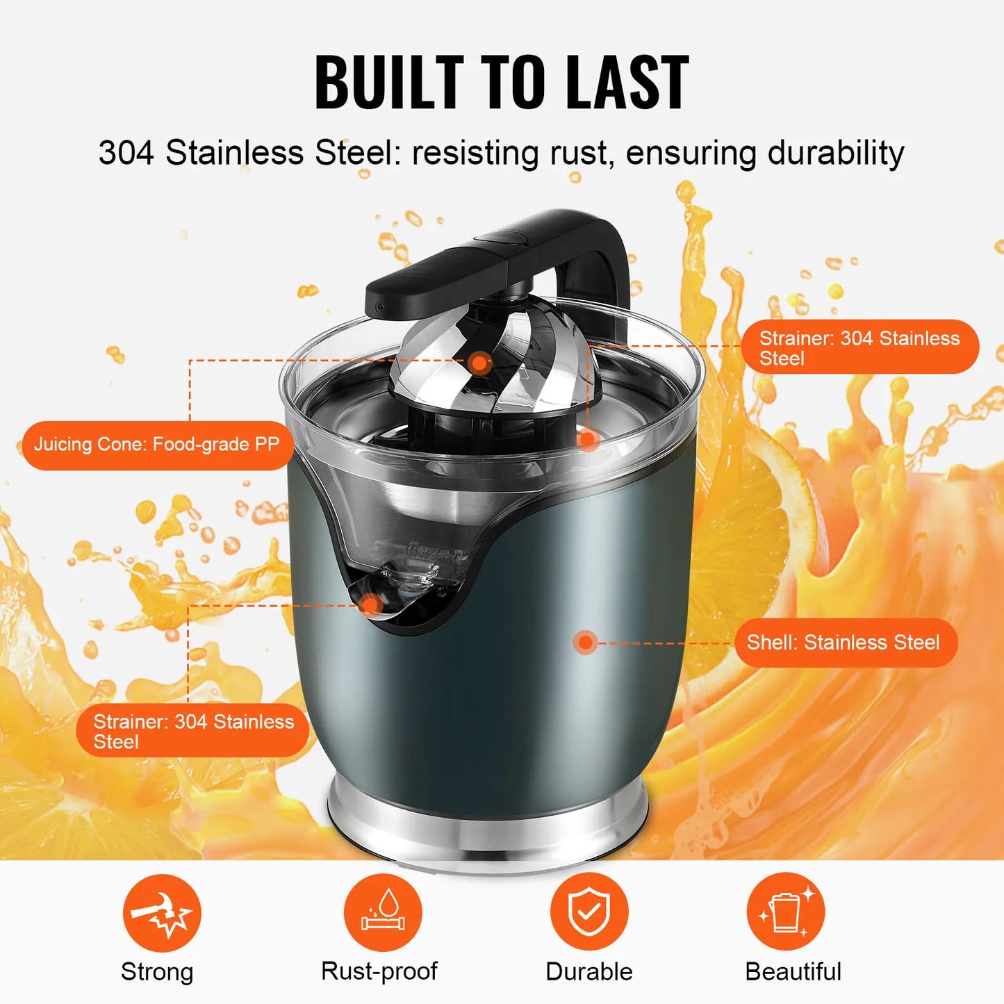 VEVOR Electric Citrus Juicer Orange Juice Squeezer with Two Size Juicing Cones 150W Stainless Steel Orange Juice Maker