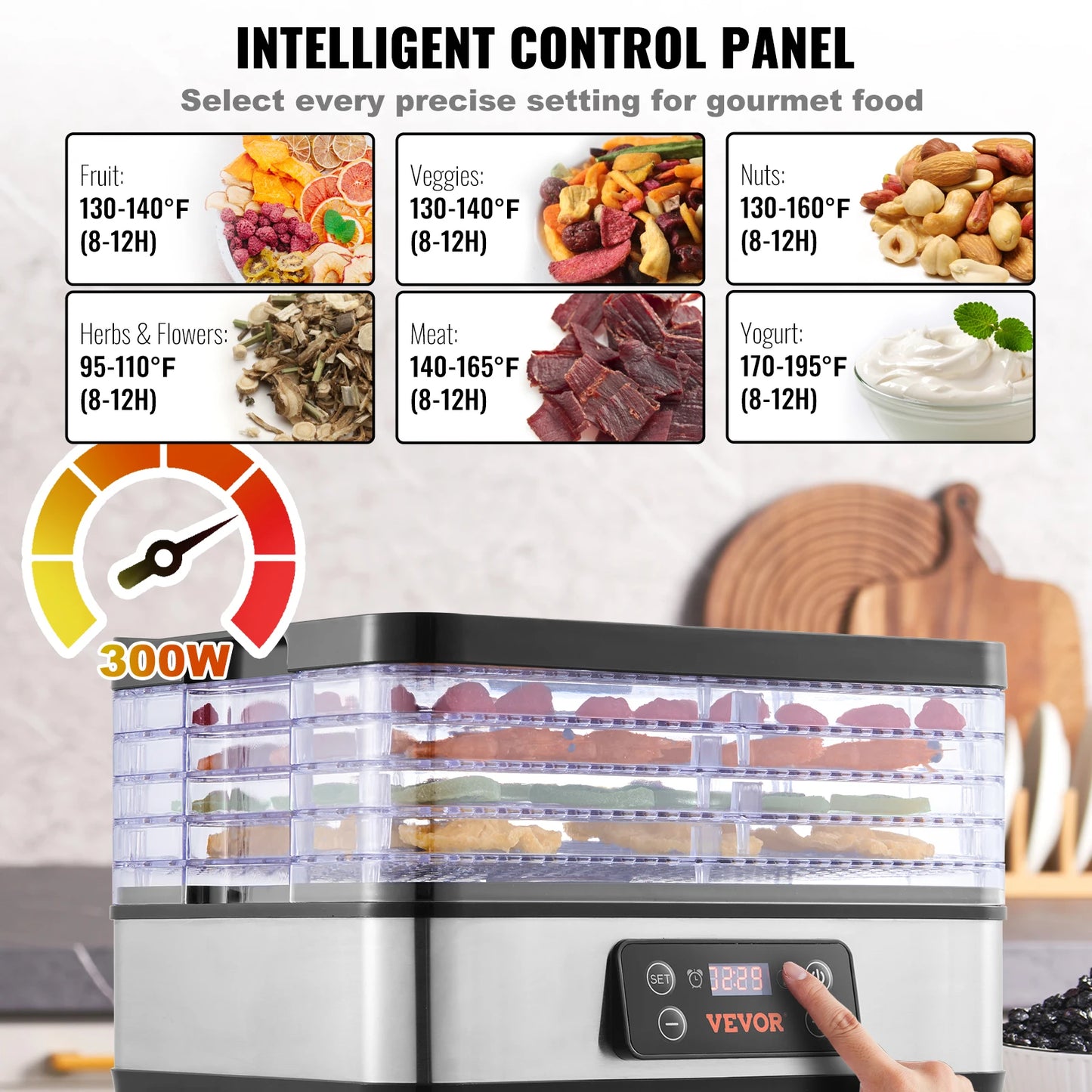 VEVOR 5 Tray Food Dehydrator Machine 300W Stainless Steel Electric Food Dryer w/ Digital Adjustable Timer & Temperature