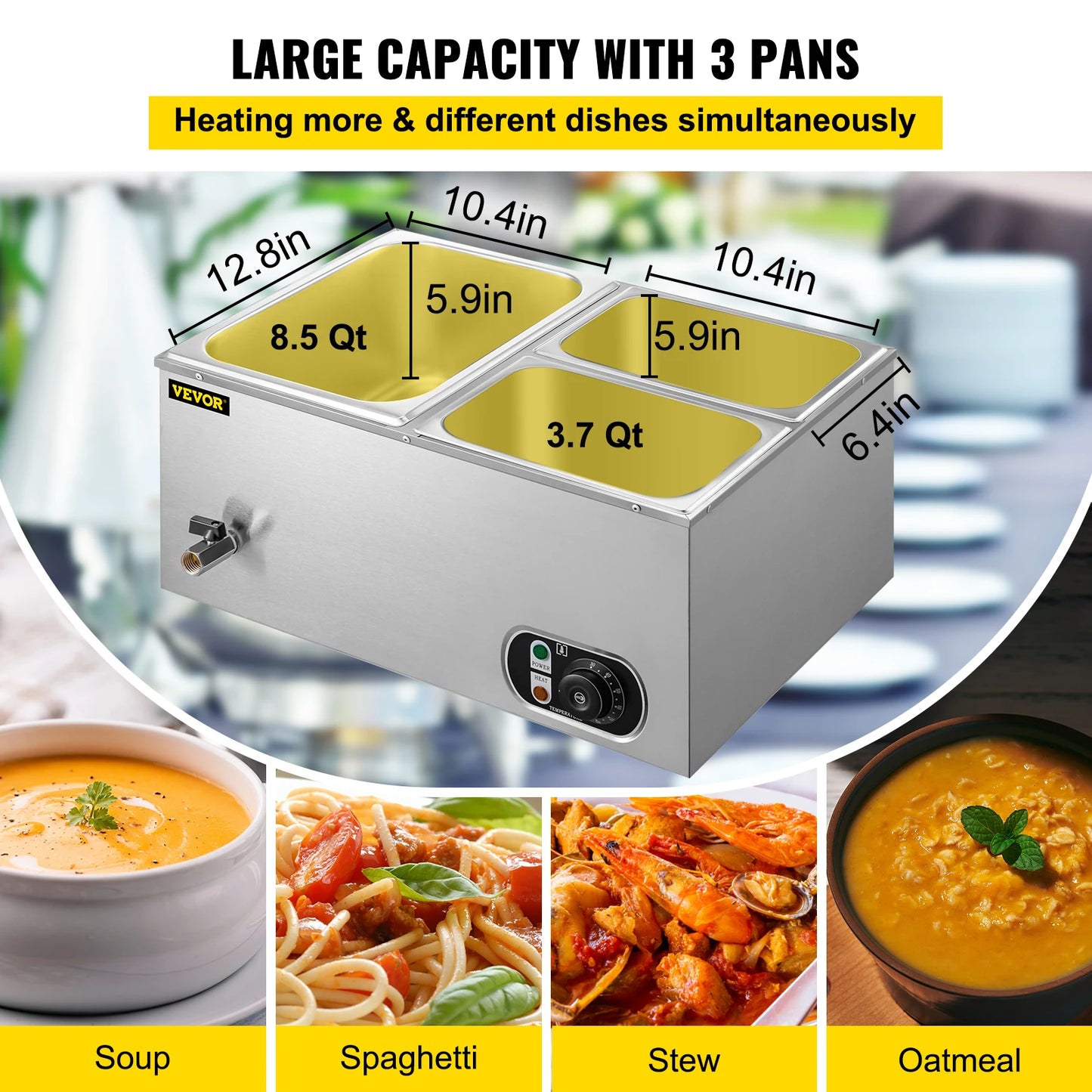 VEVOR 3 pan Electric Food Warmer Stainless Steel with Temperature Adjustment Efficient Sanitary Buffet Bar Commercial Use