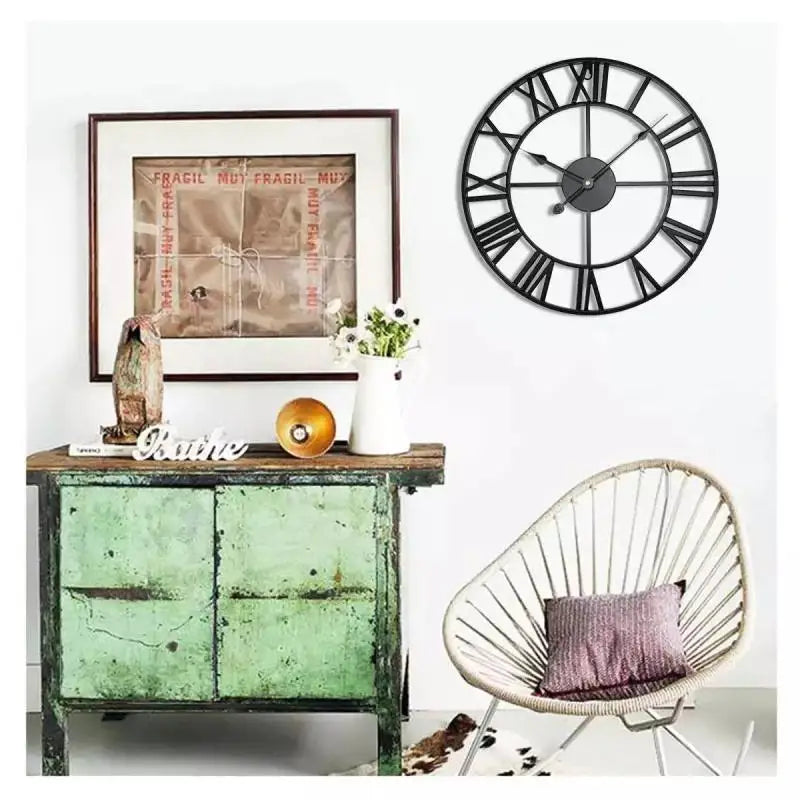 Reloj de pared de 40/47/60/80cm moderno 3D grande Retro de hierro negro redondo hueco Reloj de pared de Metal números romanos nórdicos reloj decoración del hogar