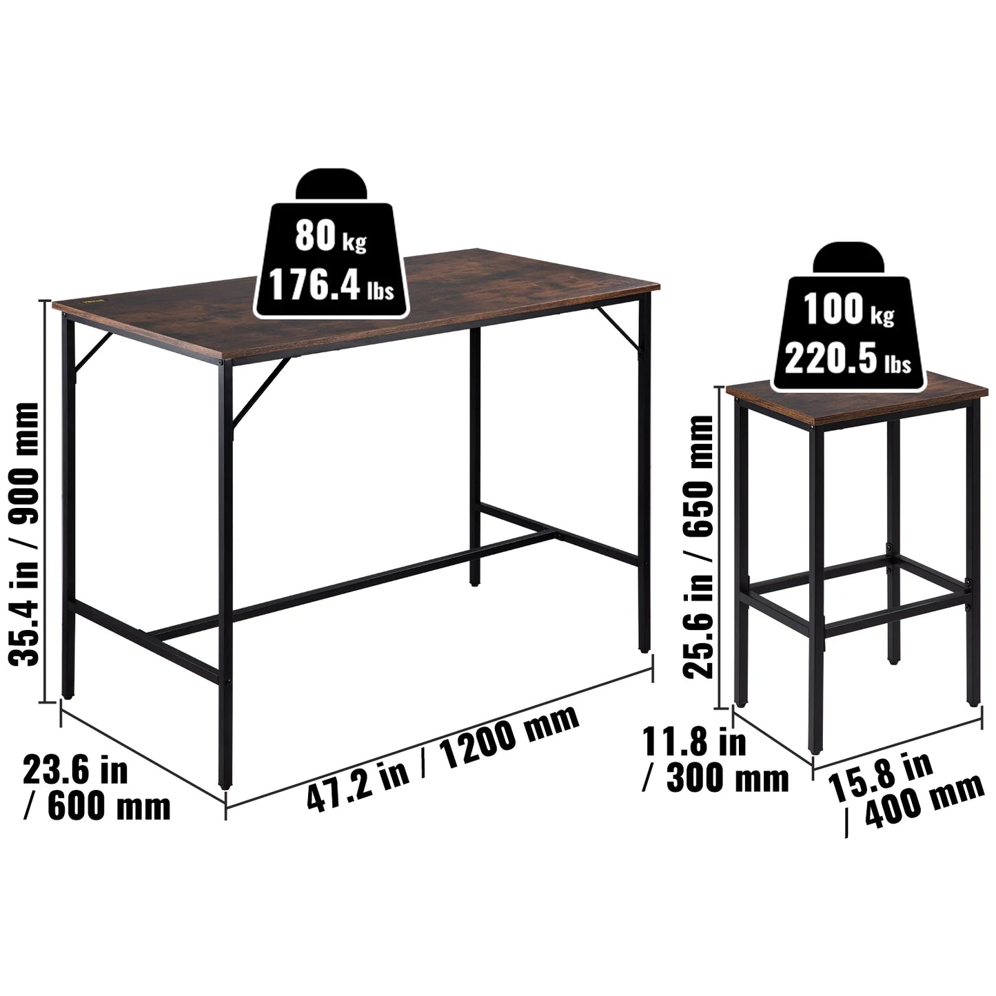 VEVOR Bar Table Set 3/5 Pieces 39"/43"/47" Tall Table with 2/4 Round/Square Bar Stools for Home Kitchen Living Room Rustic Brown