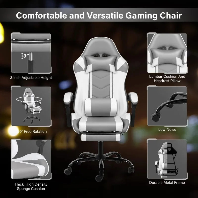 YSSOA White Gaming Chair with Footrest, Big and Tall Gamer Chair, Racing Style Adjustable Swivel Office Chair, Ergonomic