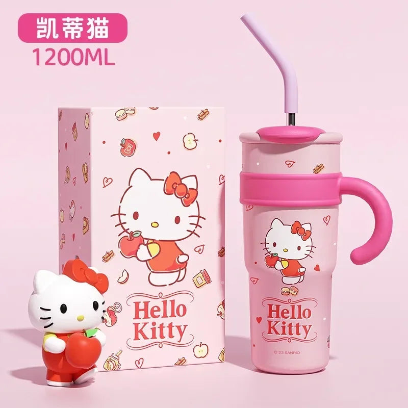 Taza Termo Sanrio Hello Kitty Cinnamoroll de 700/1200ml, taza con pajita con asa, taza de agua de acero inoxidable de alta capacidad con dibujos animados, regalo