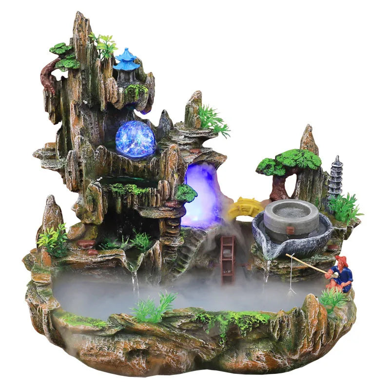 Fontaine de rocaille avec vue sur la montagne, circulation de l'eau, petit aquarium, jardin, bonsaï, décoration porte-bonheur Feng Shui, ornements