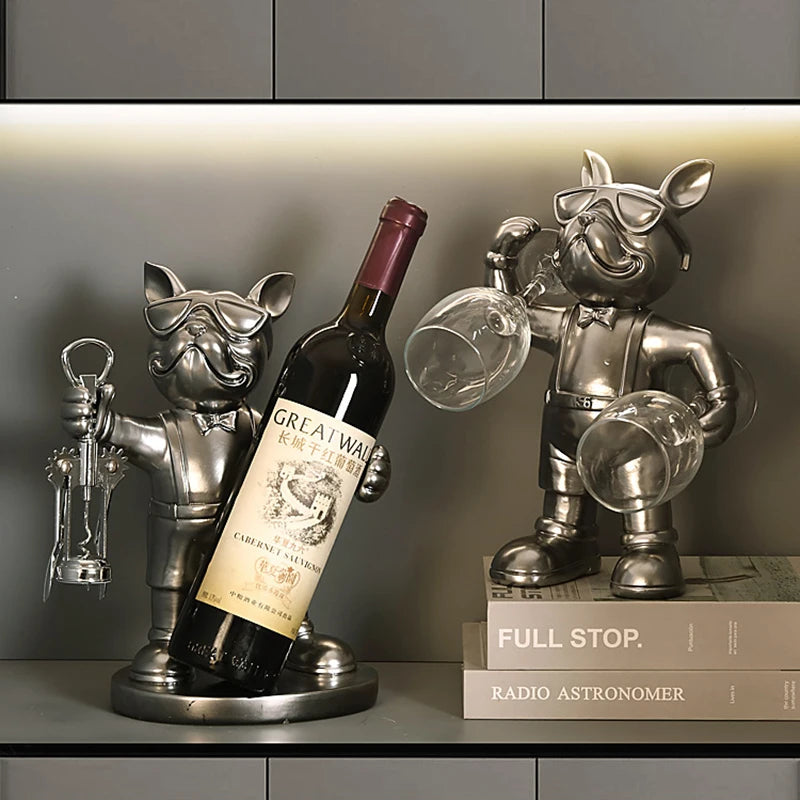 ERMAKOVA Bulldog Francés decoración estante de vinos soporte para vino perro mayordomo asiento para botella diseño estatua mesa decoración de resina escultura