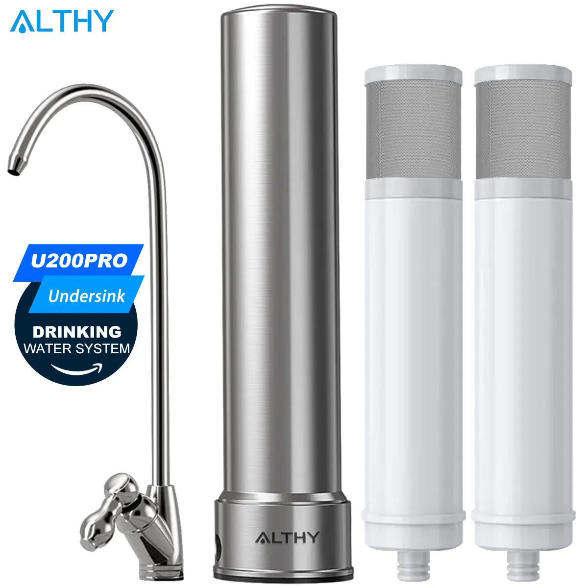 ALTHY U200PRO purificador de filtro de agua potable debajo del fregadero de cocina 5 en 1, sistema de filtración de acero inoxidable 0.01um con grifo