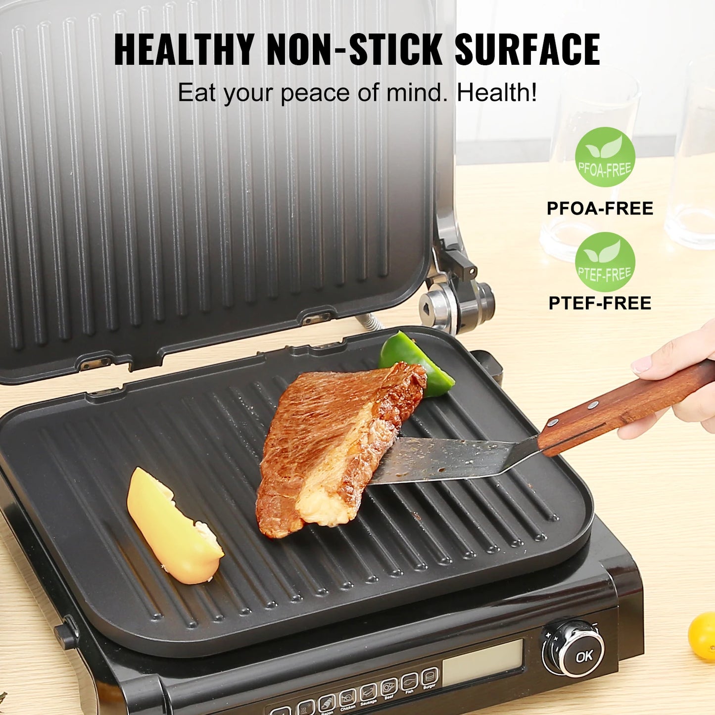 VEVOR Electric  Panini Press Griddle Countertop Sandwich Maker Non-Stick Coated Plates 0-446℉ Adjustable Temp Control