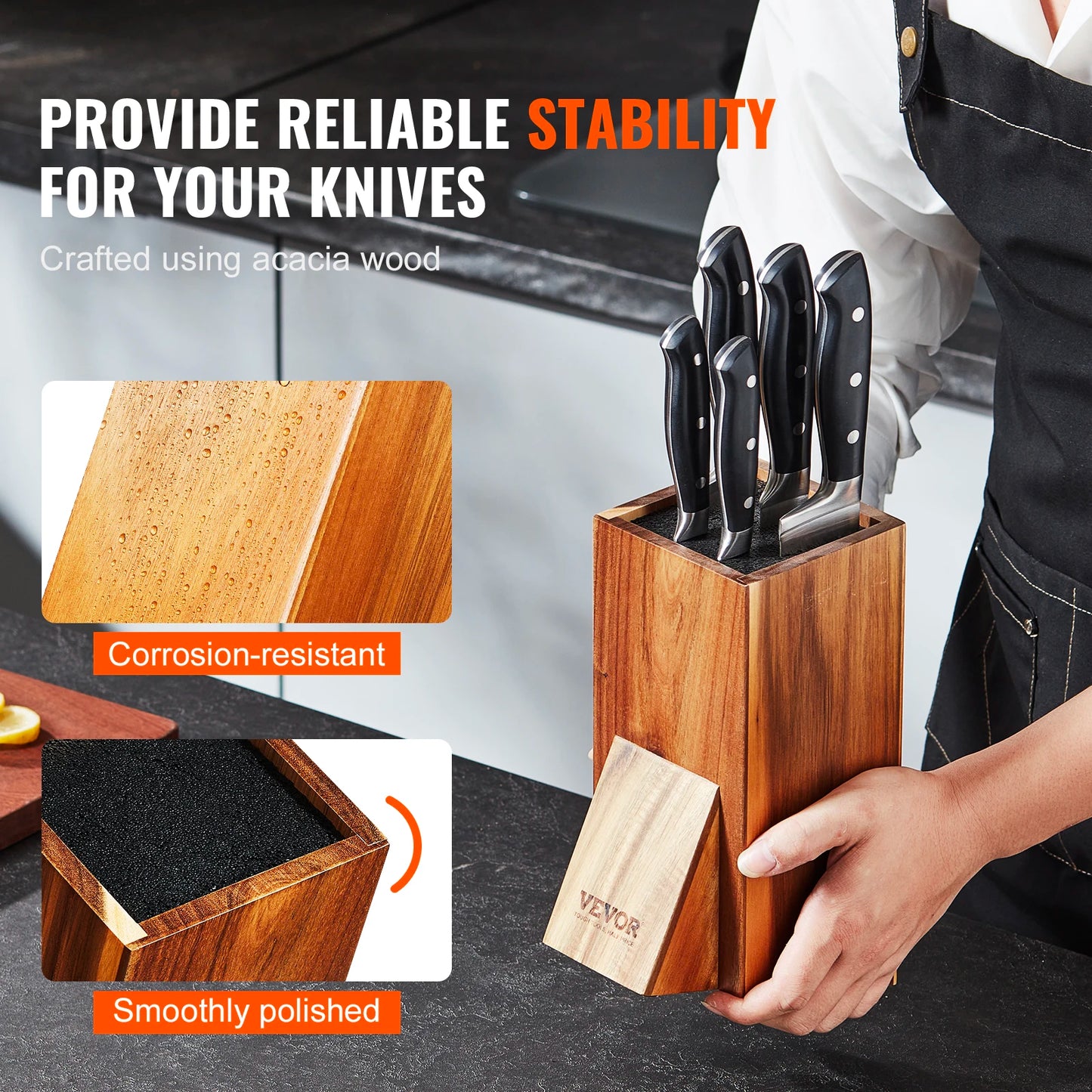 VEVOR Universal Knife Holder Acacia Wood Knife Block Extra Large Knife Storage Holder with PP Brush Multifunctional Knife Rack