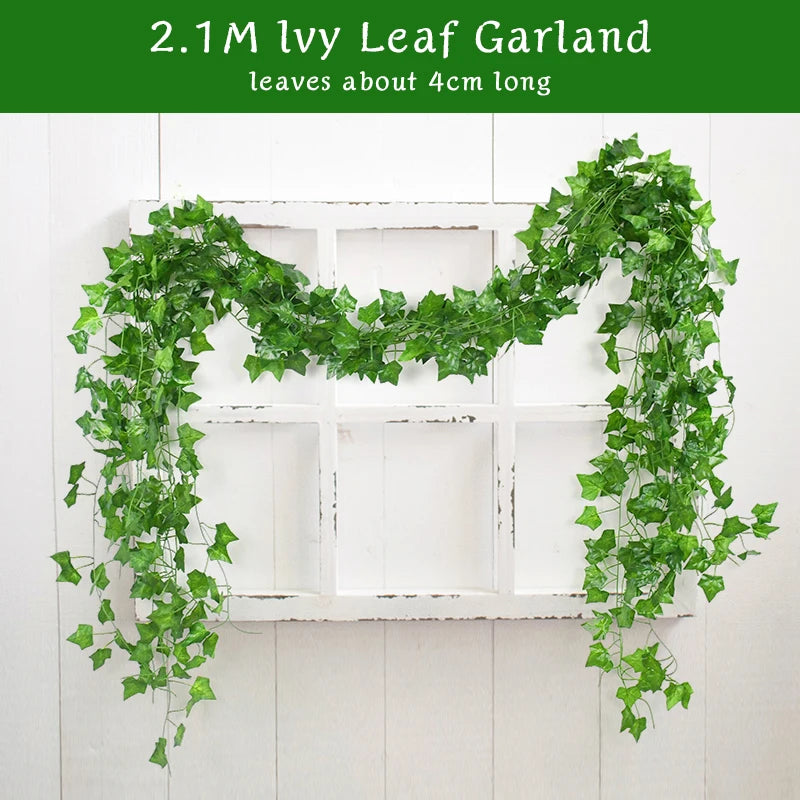 2.1M Artificial Plant Green Ivy Leaf Garland Silk Wall Hanging Vine Home Garden Decoration Wedding Party DIY Fake Wreath Leaves