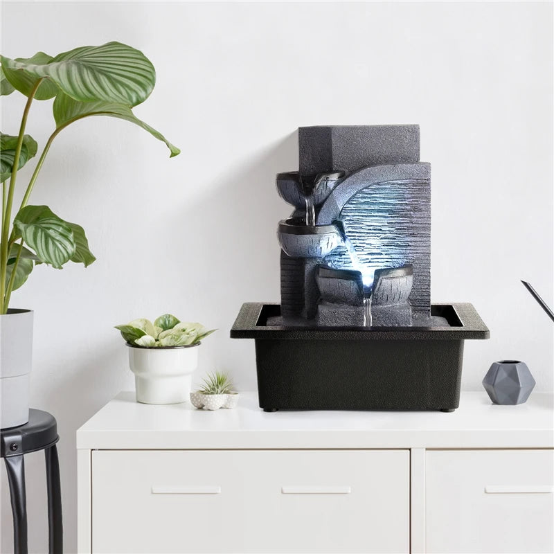 Fontaine d'eau de bureau en cascade d'intérieur en résine, cascade de roche avec lumière LED pour bureau, ornement porte-bonheur, artisanat de décoration de maison