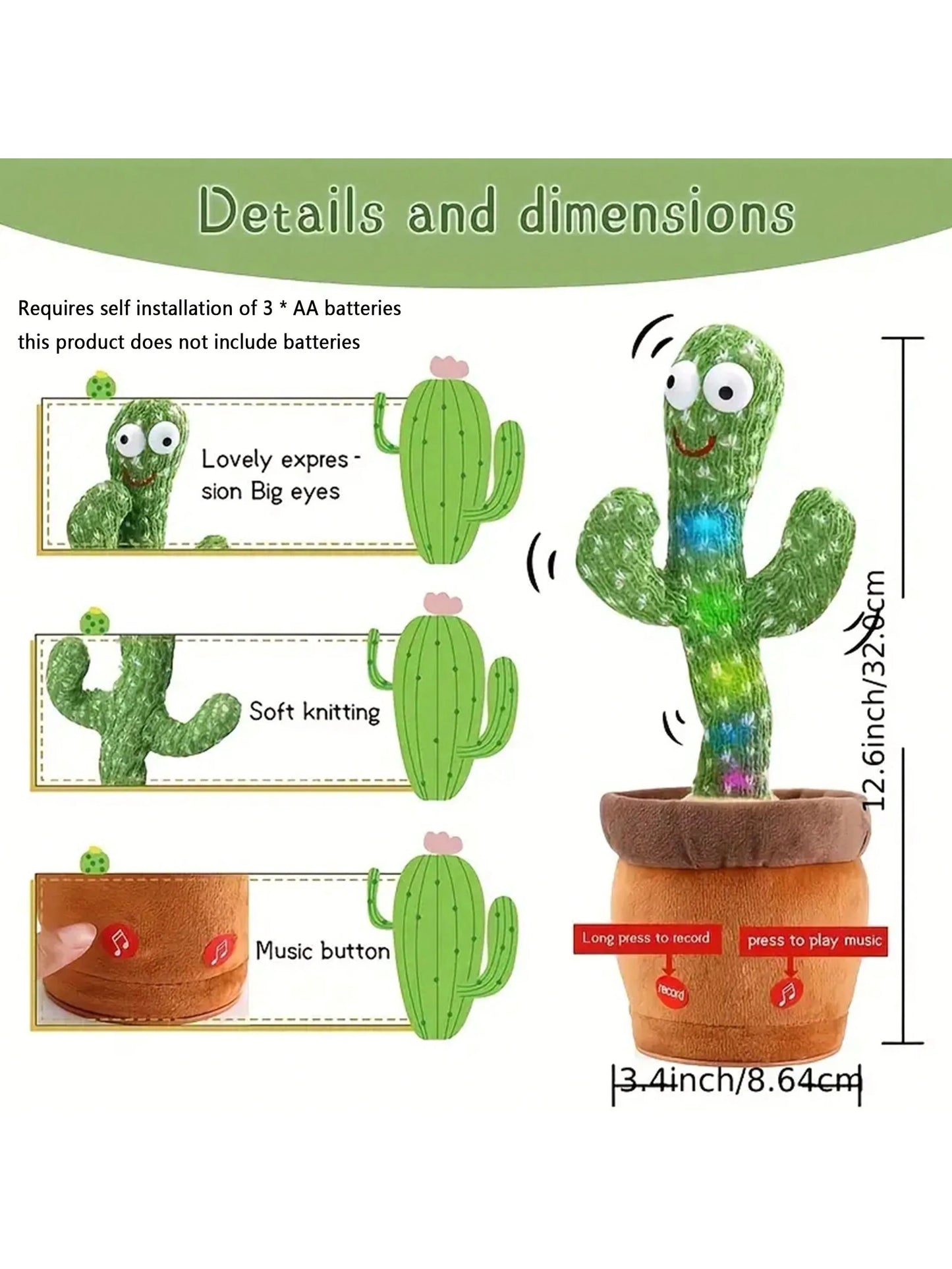 Jouets Cactus parlant dansant pour bébés garçons et filles, enregistrement imitant le chant et répétant ce que vous dites, Sunny Cactus Up Plus, 1 pièce