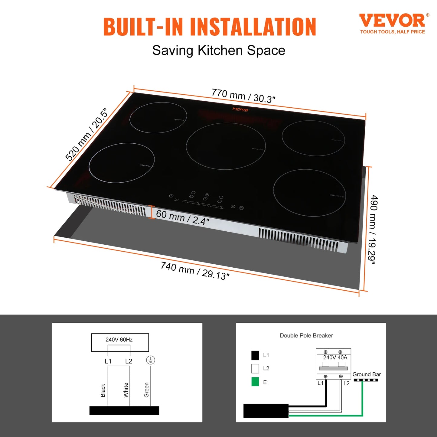 VEVOR-estufa de inducción eléctrica, 5 quemadores, 30/36 pulgadas, quemador incorporado, Sensor de cocina, Control táctil, cocina magnética