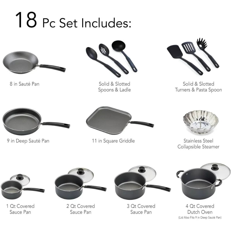 Juego de Baterías de Cocina Tramontina Primaware Juego de Baterías de Cocina Antiadherentes de 18 Piezas, Juego de Baterías de Cocina Antiadherentes de Acero Gris