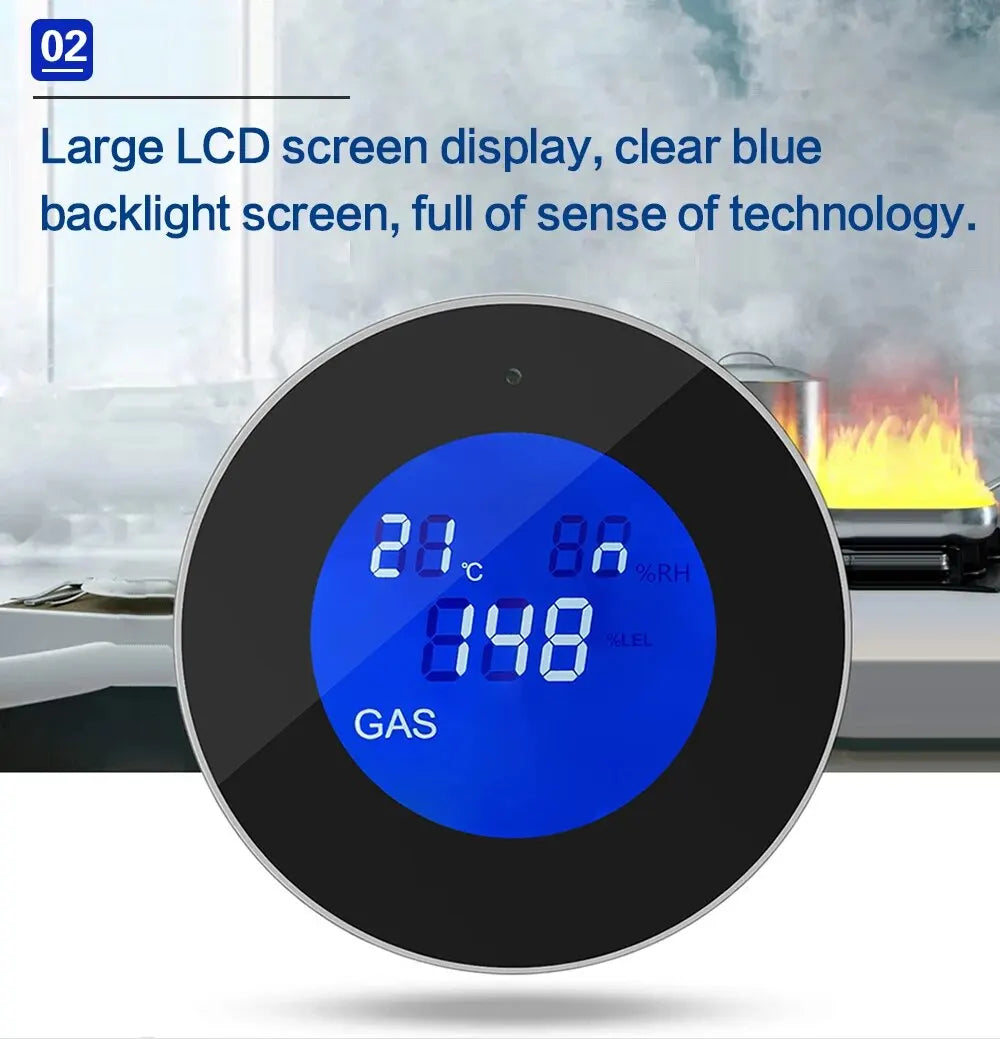 Tuya WiFi inteligente Detector de fugas de Gas Natural Monitor de alarma Digital LCD pantalla de temperatura Sensor de Gas para la cocina del hogar