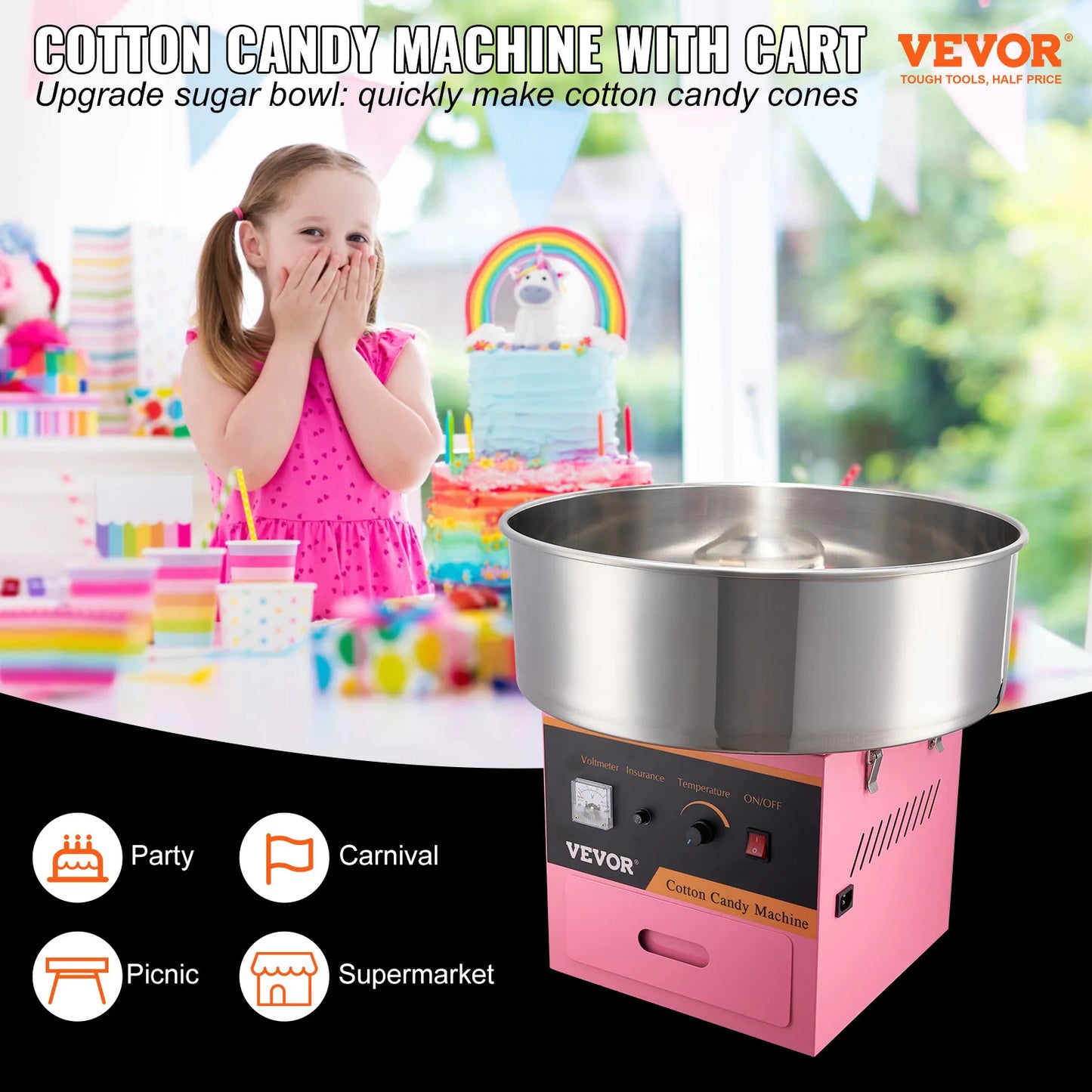 VEVOR Electric Cotton Candy Machine Commercial Floss Maker with Stainless Steel Bowl Sugar Scoop and Drawer for Birthday Party