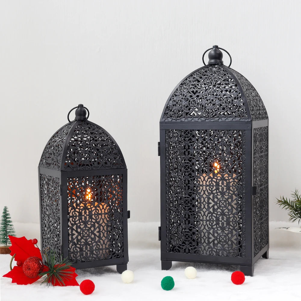 2Pcs Metal Candle Holder Black Candle Lantern Decorative Hanging Lantern with Hollow Pattern for Party Garden Indoors Outdoors