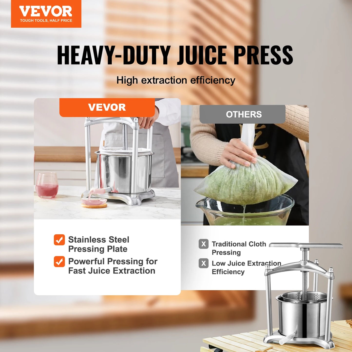 VEVOR-prensador Manual de vino y frutas, 1,6 Gal/6L, acero inoxidable, máquina para hacer jugo de verduras naturales para el hogar y la cocina