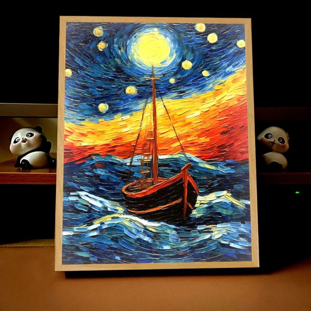 Van Gogh Art Anime pintura con luz LED decoración de la habitación, luz de estado de ánimo de carga inalámbrica, decoración de pared de lámpara USB, luz nocturna, regalo para el hogar