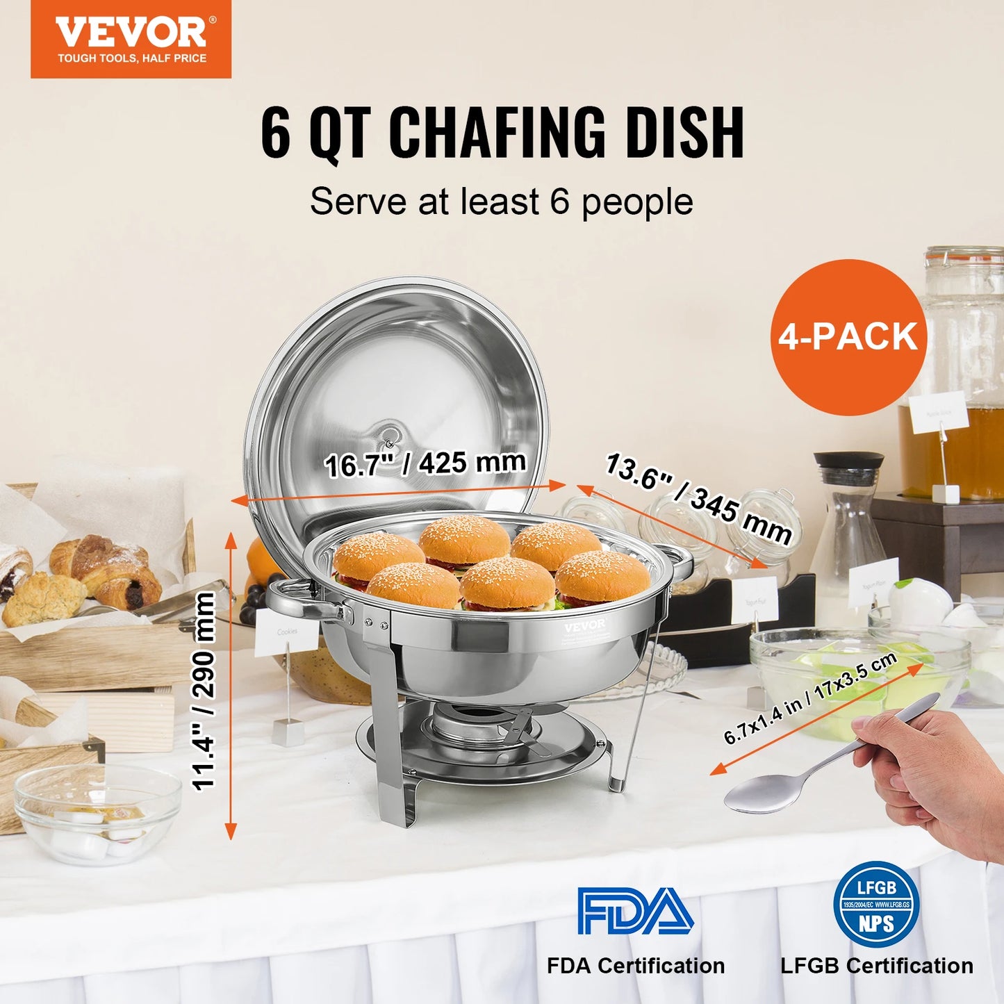 VEVOR 6 Qt 4 Pack Round Chafing Dish Buffet Set with Full Size Pan Stainless Steel Catering Warmer Server with Lid Water Pan