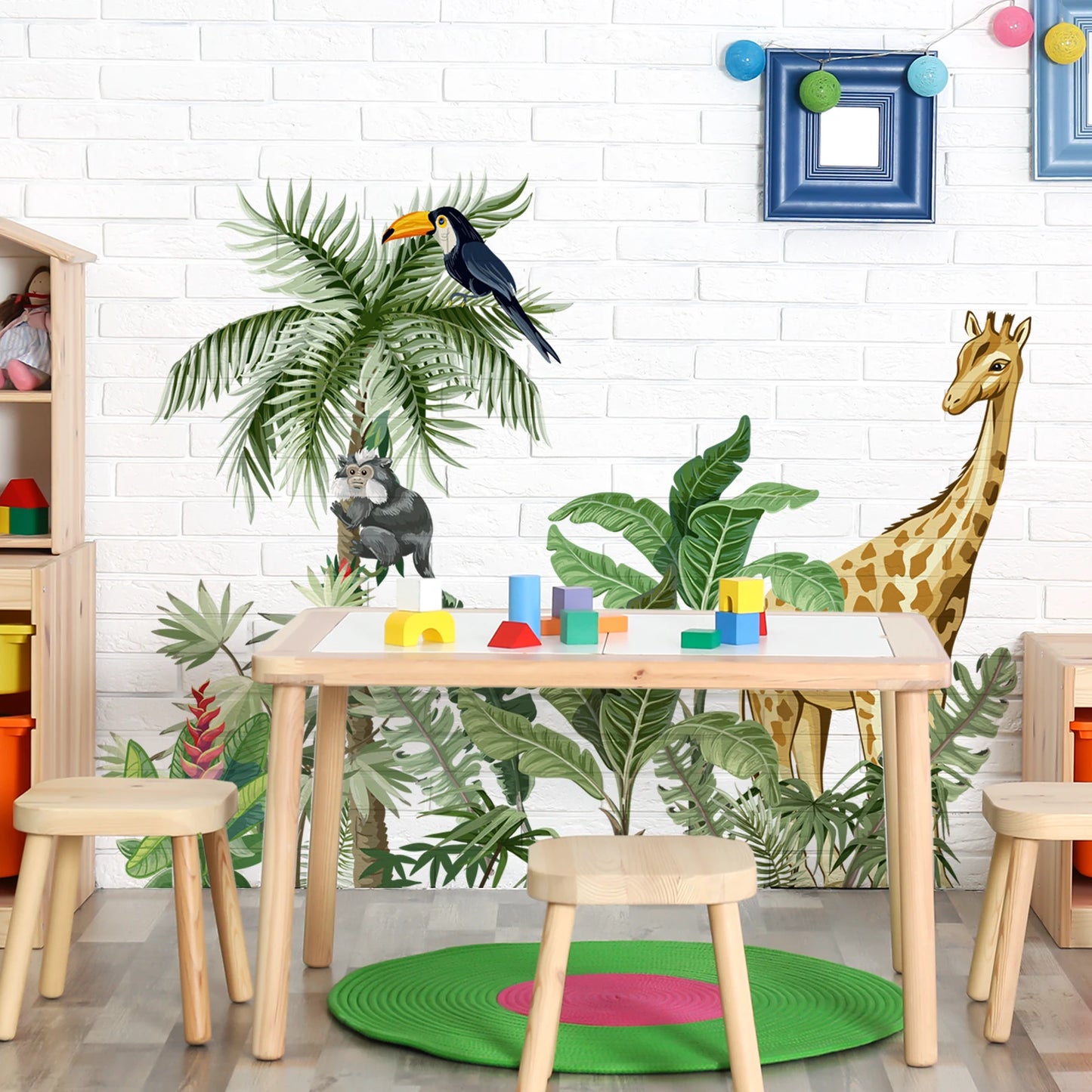 Large Size Jungle Animal Plam Wall Decor Sticker For Kids Room Bedroom Self-adhehesive Wallpaper Mural Giraff Zebra Monkey Decal